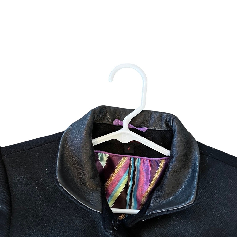 Via Spiga Black Wool Blend Coat Leather Trim Stand Women's 2 - Picture 4 of 6